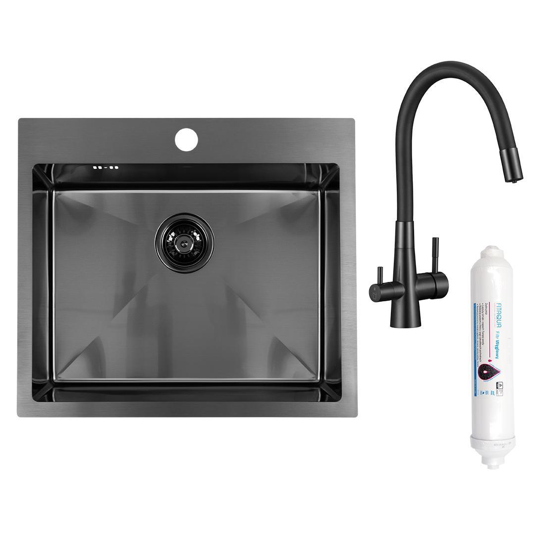 Spülbecken mit einer Kammer, Siphon und Küchenarmatur mit Filtersystem, 1 Becken Spüle graphite