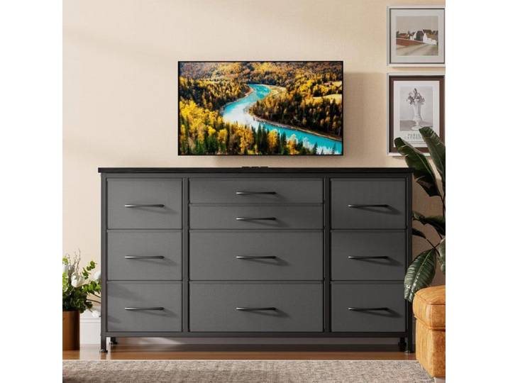 Meuble TV avec Station de Charge - Support télévision - 10 Tiroir en Tissu- Meuble de Rangement pour Salon - 121x39x70 cm GRIS