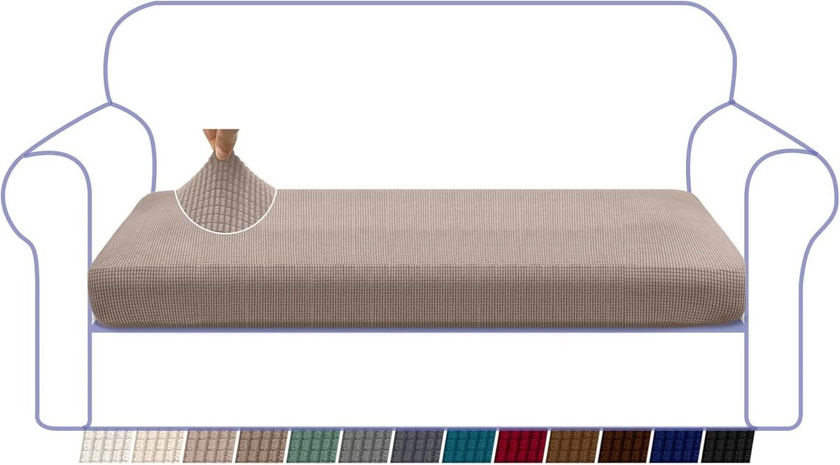 Zandkleurige stretch bankkussenhoes voor 3-zits sofa