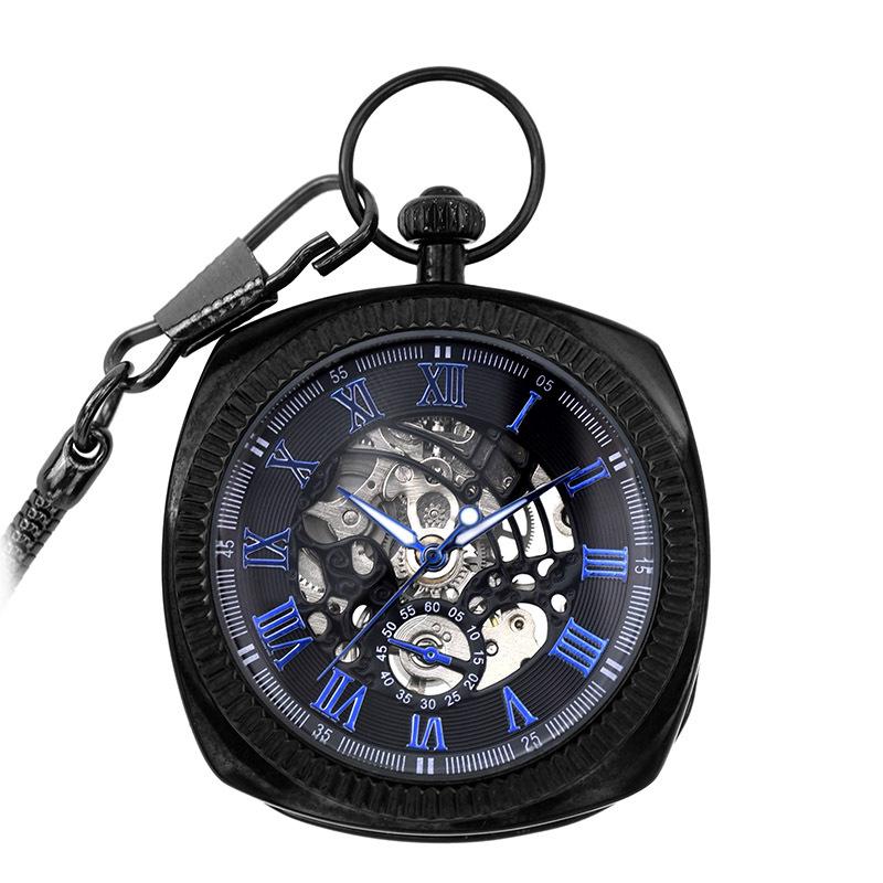 Mechanisch zwartblauw vintage skelet vierkant open zakhorloge
