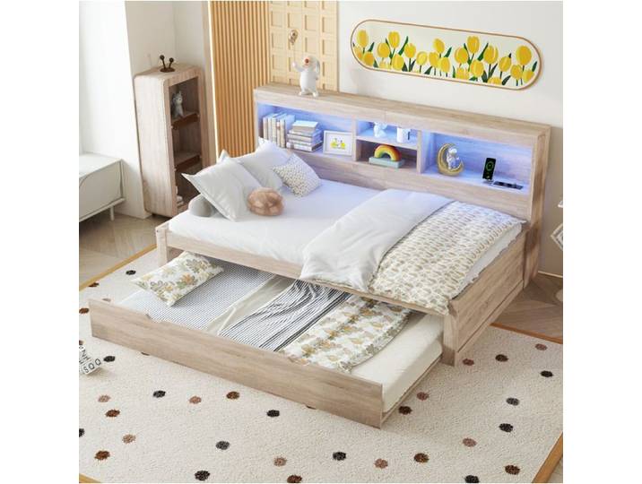 Lit combiné 1 Place Lit Gigogne LED USB et Rangements 90 × 200 cm et 90 × 190 cm sans Matelas
