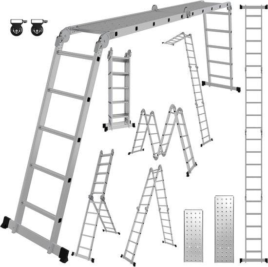 Multifunctionele vouwladder steiger voor binnen en buiten in 7 verschillende vormen, zilver