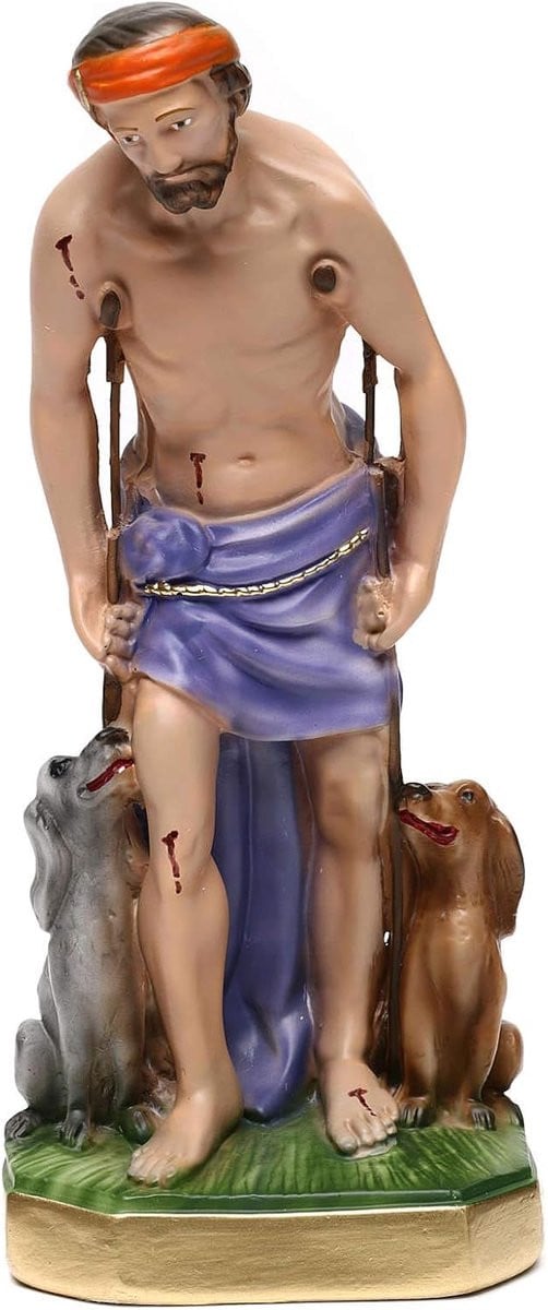 Handgeschilderd standbeeld Sint Lazarus - Religieus decoratiebeeld - Paars - Hoogte: 30 cm