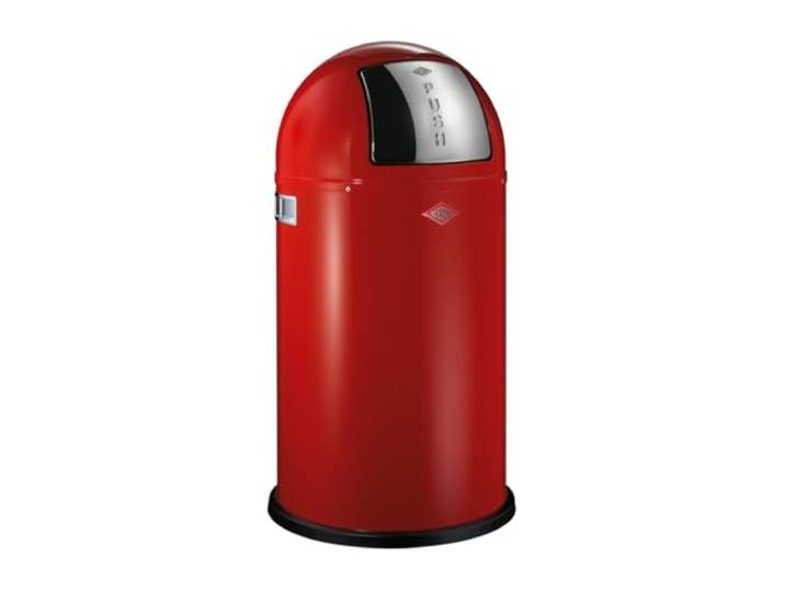 WESCO Pushboy Mülleimer in der Farbe rot, pulverbeschichtetes Stahlblech, 50 Liter Volumen, große Edelstahlklappe, herausnehmbarer Innenbehälter