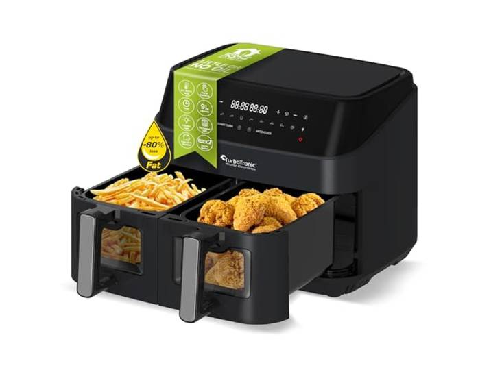 TurboTronic Heißluftfritteuse XXL doppel Airfryer 1600W / 9L (2x 4,5L Kammer) 10 Programme digitale Heißluft Fritteuse ohne Fett Öl Dual Luftfritteuse Air Friteuse Power Black