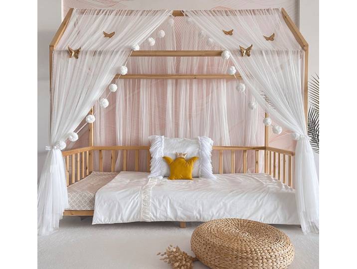 Baby Fancyroom Betthimmel Betthimmel Tüll Hausbett Kinderbett 2 Stück 340cm 380cm Montessori (3-tlg. Set mit 2x Betthimmel und einer 20er Pomponkette, Baldachin, Kinder Betthimmel Baldachin Himmel Deko Set), Betthimmel für Hausbett Montessori