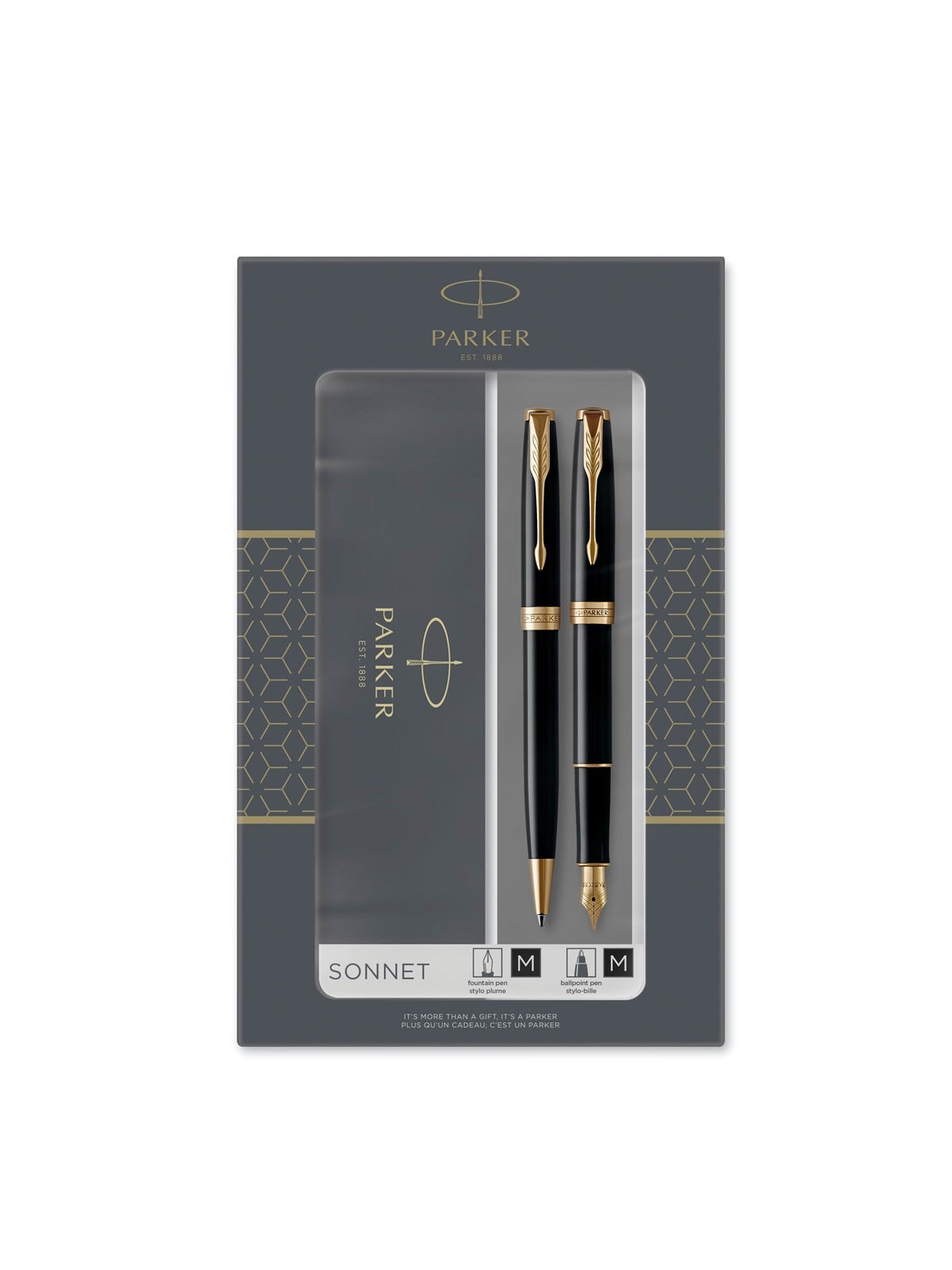 Parker Sonnet Duo-Geschenkset mit Kugelschreiber und Füller (Feder aus 18 Karat Gold) | Hochglänzend Schwarz mit Goldzierteilen | Nachfüllmine und -patronen mit schwarzer Tinte