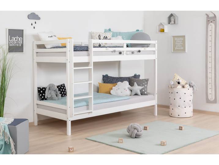 Etagenbett GOODPRODUCT René, Hochbett, Stockbett 2 Farben, Schubkasten optional , weiss (kiefer massiv weiß), B:98cm H:140cm L:206cm, Etagenbetten, Etagenbett, FSC zertifiziertes Massivholz, mit Trittleiter + Rundum-Absturzschutz