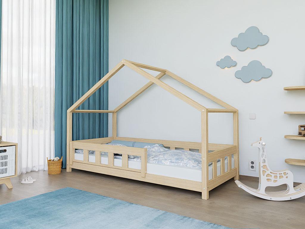 Hausbett PLOTTY mit Frontschild - Transparente matte Wachslasur - 140x200 cm - Mit einer Barriere