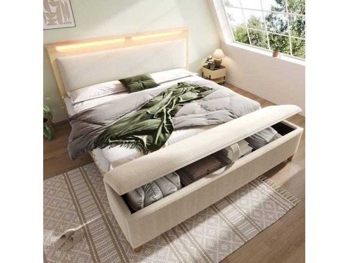 WOVREO Lit double 160 x 200 cm avec tête de lit de rangement LED intégrée et banquette coffre beige