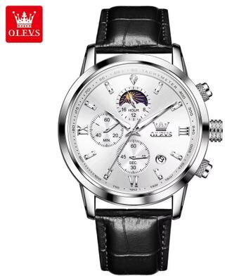 Inspired Finds OLEVS 9812 Luxury Chronograph Watch Moonphase Men's Quartz Watch Waterproof Multifunction Wristwatch black White