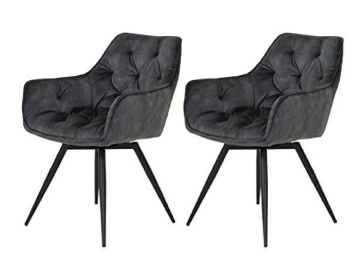 Hela Tische, 2er Set Esszimmer- Küchensessel Florentina, Bezug Vintage Anthrazit, Armlehnen, Metallfuß Schwarz drehbar 360°
