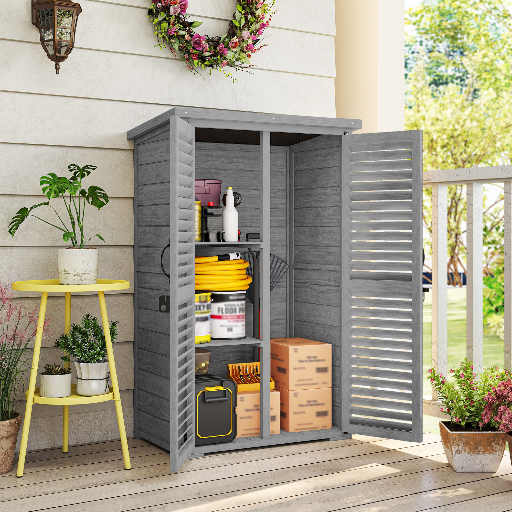 Outsunny Armadio giardino in legno con 2 ripiani e tetto bitumato, 75x50x118 cm, Grigio   Aosom Italy