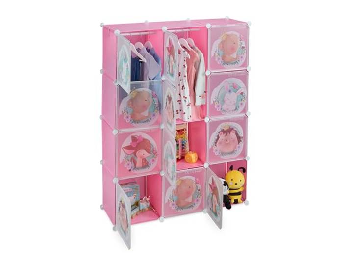 Relaxdays Steckregal Kinder, 2 Kleiderstangen, Türen mit Tierkindern, rosa
