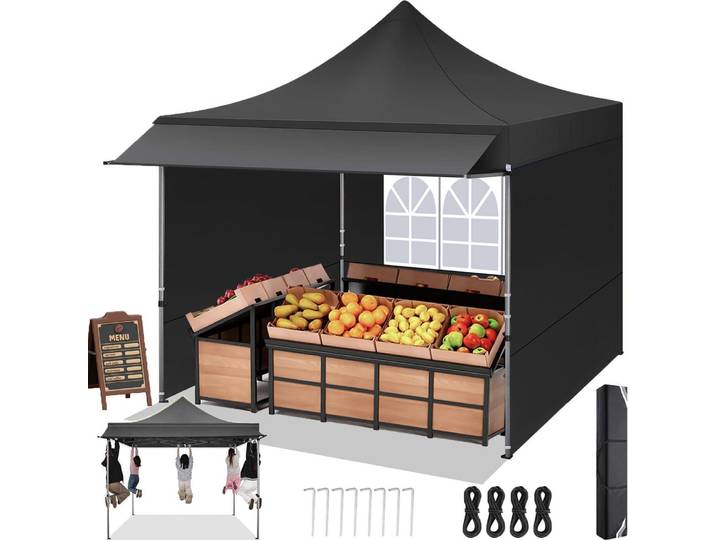 Faltpavillon 3x3m mit erweiterter Markise, 3 Seitenwände, wasserdicht, winterfest, schwarz