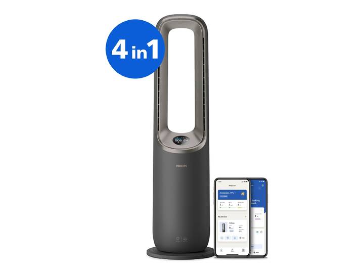 Luftreiniger PHILIPS AMF970/10 AirPerformer 4-in-1, Reinigen, Kühlen, Heizen & Befeuchten , grau (anthrazitgrau, aschgold), B:32,5cm H:106,4cm T:32,5cm, Luftreiniger, Luftreiniger, mit App-Verbindung, Fernbedienung
