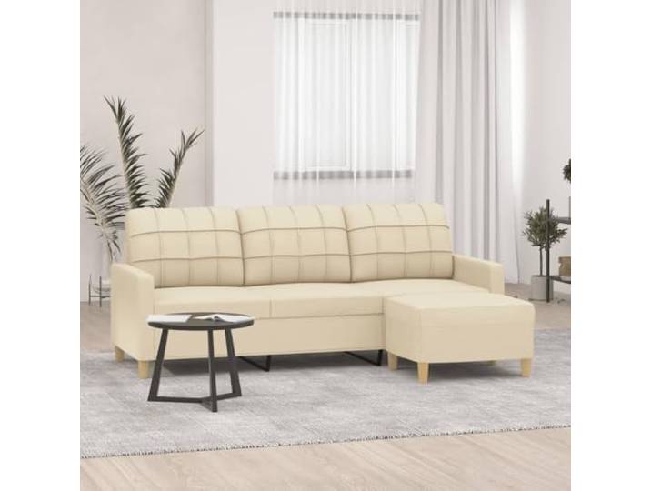 HEFZGDB 3-Sitzer-Sofa mit Hocker Creme 180 cm Stoff Bezug Wohnzimmer Sitzgruppe, Robustes Gestell aus Sperrholz und Metall, Dick gepolsterte Sitzfläche für Bequemlichkeit,