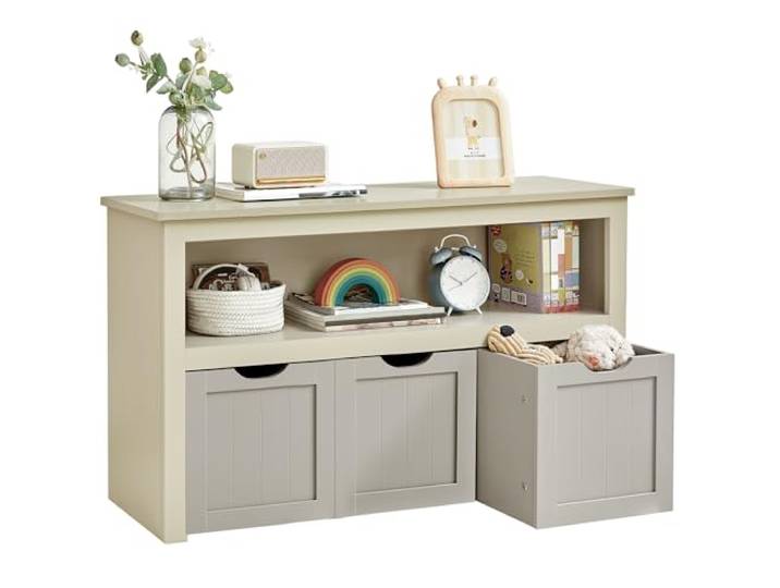 VASAGLE Kinderregal, Spielzeugaufbewahrung mit Rollen, 30x102x60 cm Aufbewahrungsschrank, Spielzeugschrank, Kinderzimmer, Sandbeige und Cappuccinobeige, HELAN Kollektion LHS380K01