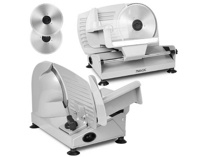 7MAGIC Allesschneider Brotschneidemaschine, Elektrischer Allesschneider Edelstahl, 200 W, Mit abnehmbarer 2 x 19 cm Klinge, 0–15 präziser Dickenknopf Schnitt