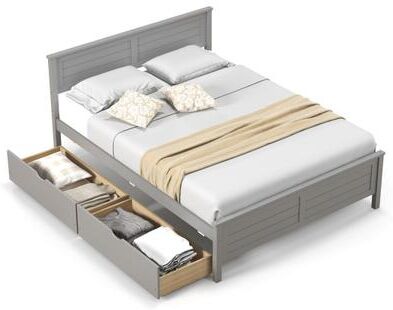 Costway Full Size Bed Frame with Storage Drawers and Solid Wood Headboard-Gray