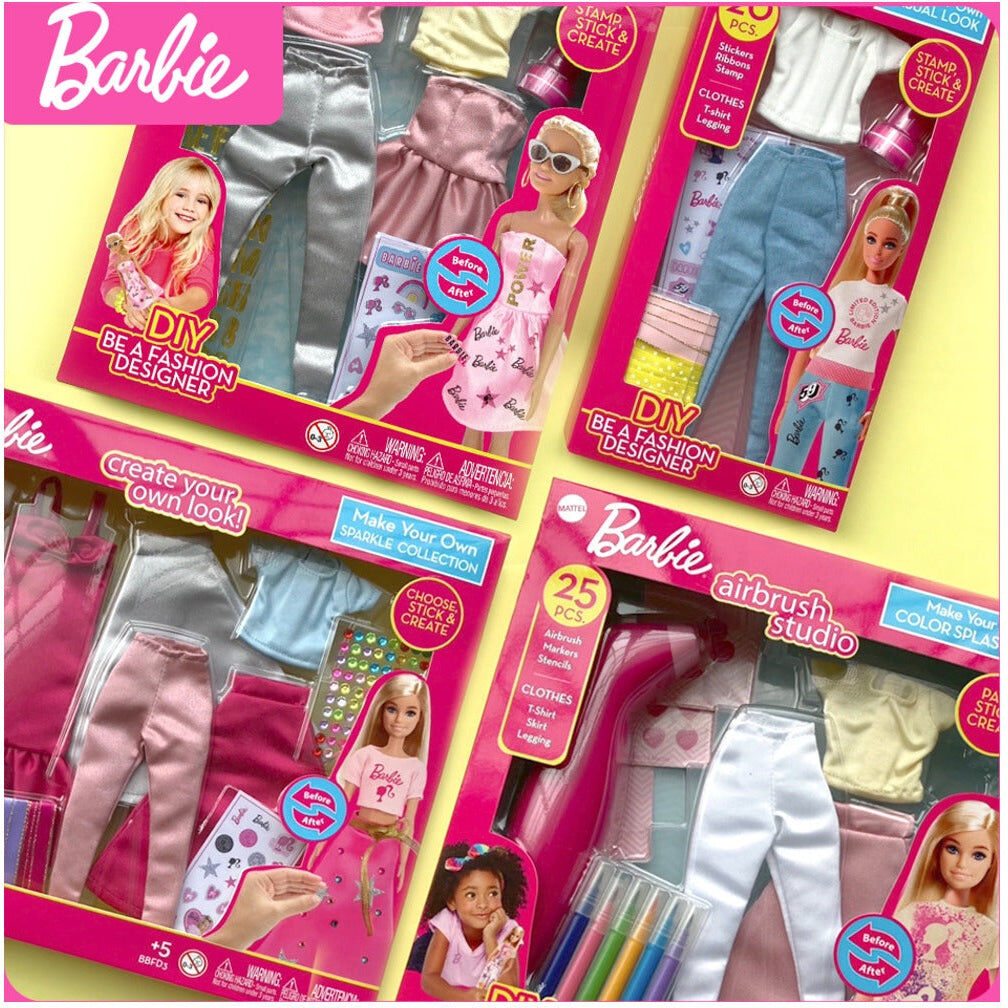 Mattel Barbie DIY Airbrush Studio Colour Splash Look Fashion Kit for Kids, Includes 25-Piece Set with Airbrush Tool and Markers, Compatible with Barbie Dolls