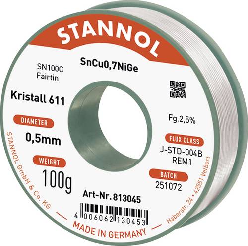 Stannol Lötdraht Kristall 611 Lötzinn, bleifrei bleifrei, Spule REM1 100g 0.5mm