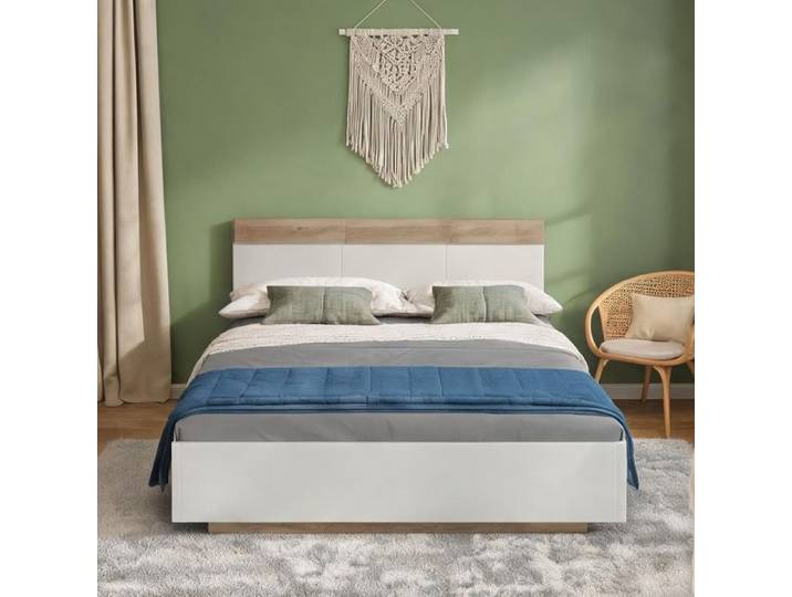 Lit double 160x200 cm en bois effet chêne et blanc - style suspendu avec tête de lit et sommier intégré