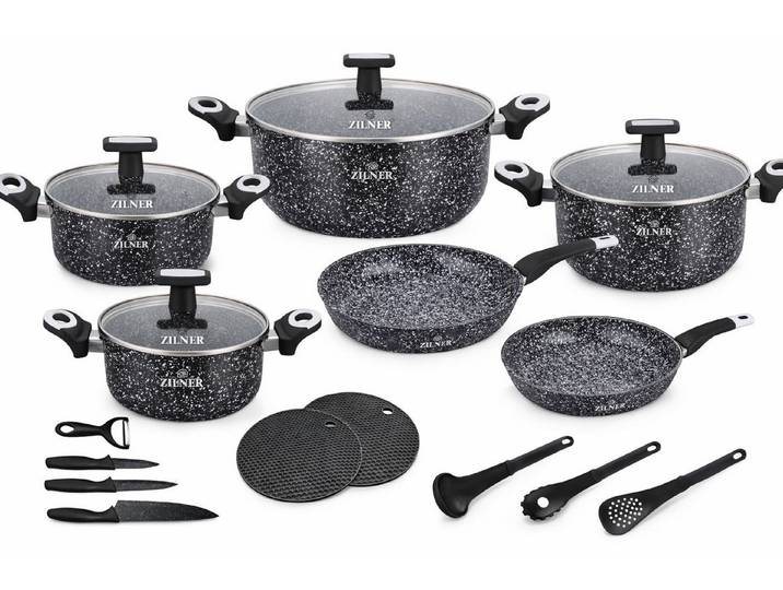Zilner Topf-Set 19 tlg Graphitfarbenes Topfset mit eleganter weißer Sprenkeloptik, Aluminium (Sichern Sie sich jetzt dieses vielseitige Premium-Kochgeschirr-Set und verwandeln Sie jede Mahlzeit in ein komfortables, stilvolles und professionelles Kocherlebnis., 19-tlg., Passt in jede Küche)