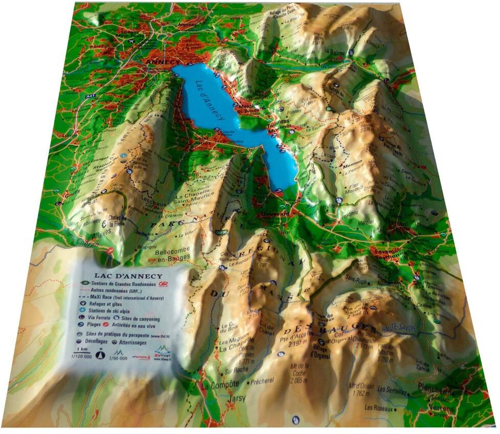 3DMAP  - Pack Carte 3D Le Lac D'annecy + Cadre petit format 29,5 cm x 19,5 - Carte 3D
