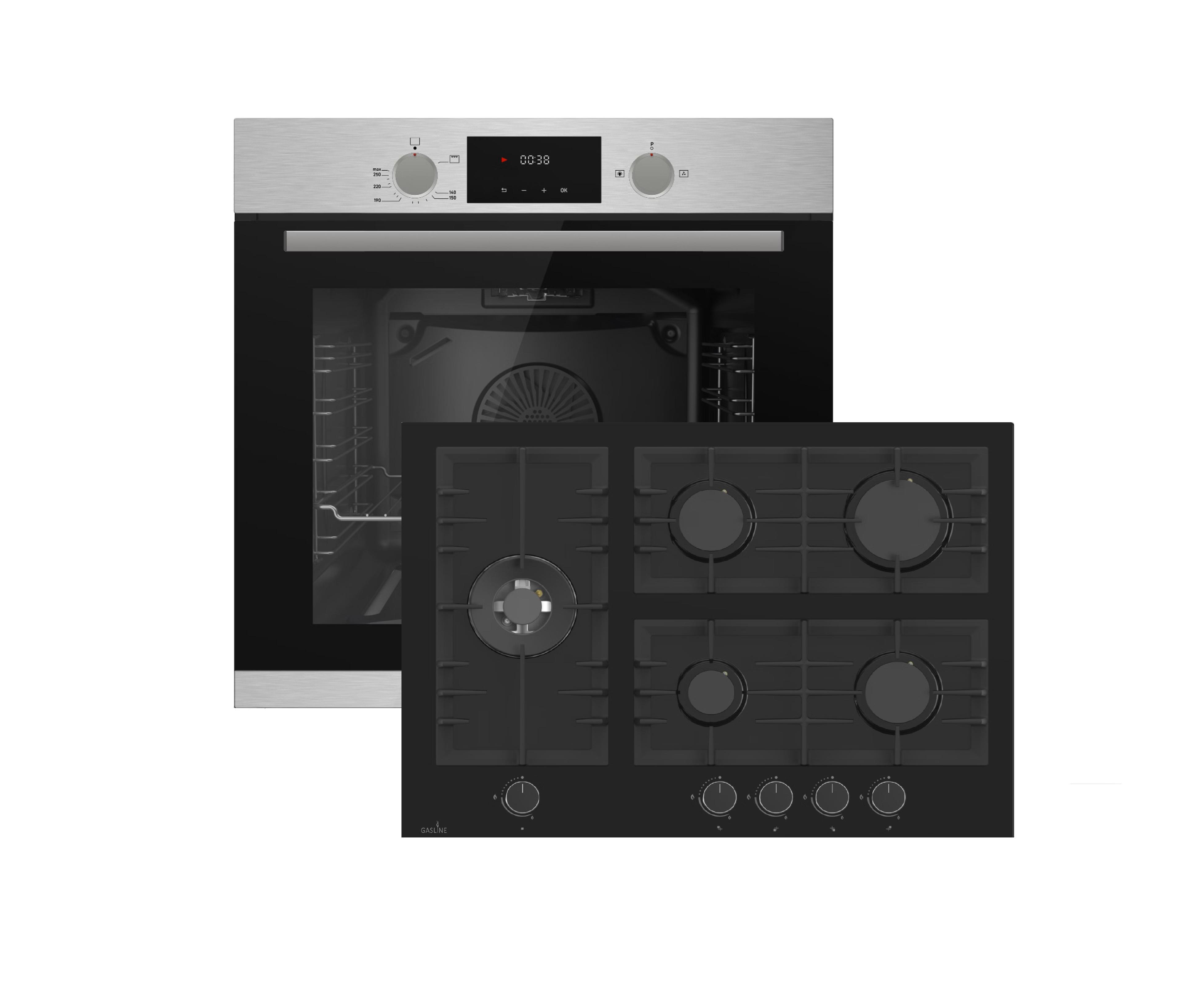 Gasline Premium Gas Herdset 70 cm - GB850-FIX Gasbackofen mit Umluft & GAG70GLG Glaskeramik-Gaskochfeld, 5 Brenner, Wokbrenner 3,8 kW, Schwarz