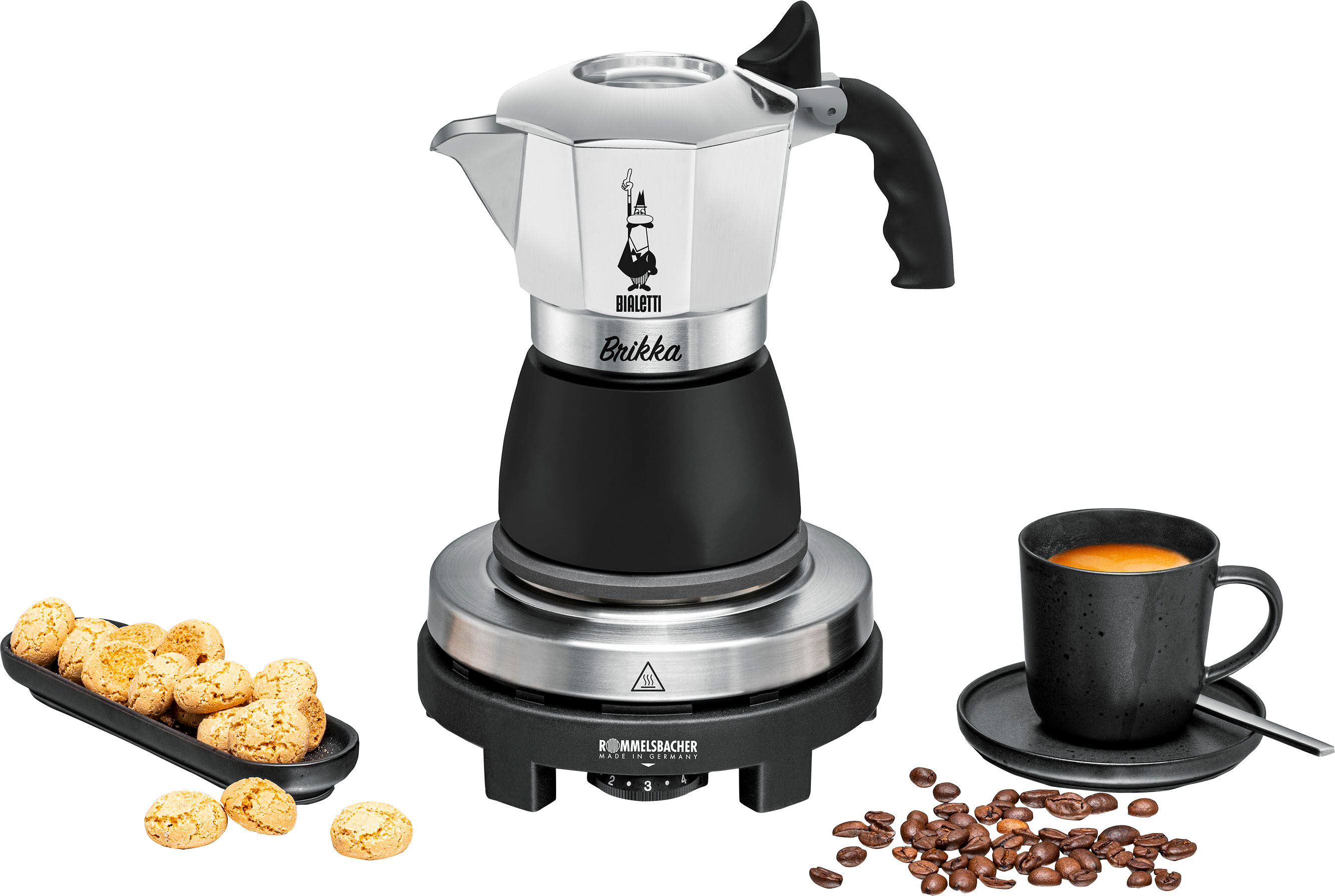 ROMMELSBACHER Einzelkochplatte "Geschenk-Set: Original Bialetti Moka Kanne Brikka + Reisekochplatte", schwarz, B:17cm H:22,5cm T:14cm, Kochplatten, Einzelkochplatte