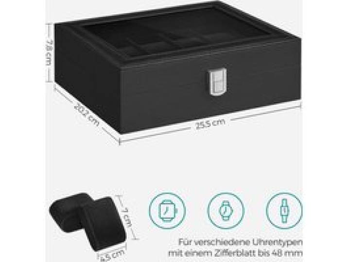 SONGMICS horloges Doos 10-compartimenten horloges Doos Glazen deksel horloges Kast Afneembare horloges Kussen Metalen sluiting