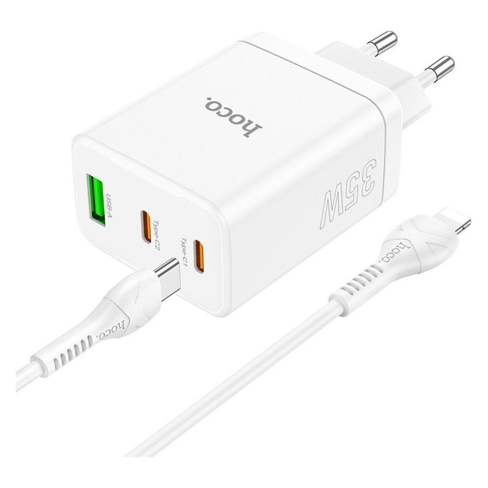 Hoco Adapter charger 2 x Type C + USB A + cable Type C to Lightning PD QC3.0 3A 35W N33 white (35 W, 3 Ports) (HOCO)