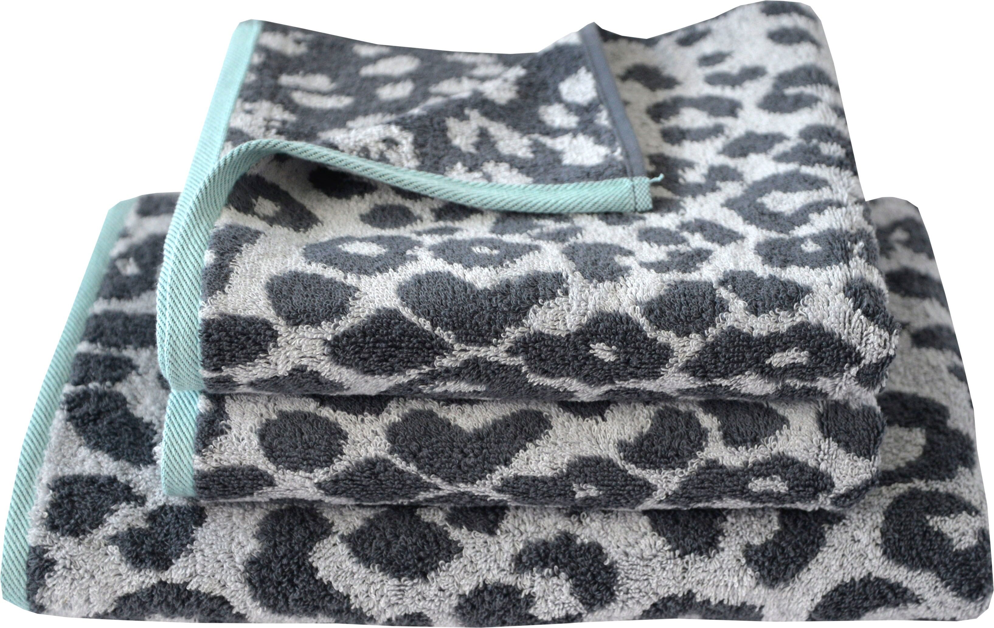 Handtuch Set DYCKHOFF "Cool Mint Leo", grün (graphit, mint), 3 Stk., Walkfrottier, Walkfrottier, Obermaterial: 100% Baumwolle, Handtuch-Sets, Handtuch Set, mit Leoparden-Muster, Duschtuch, Handtücher graphit, mint 3 Stk., Walkfrottier