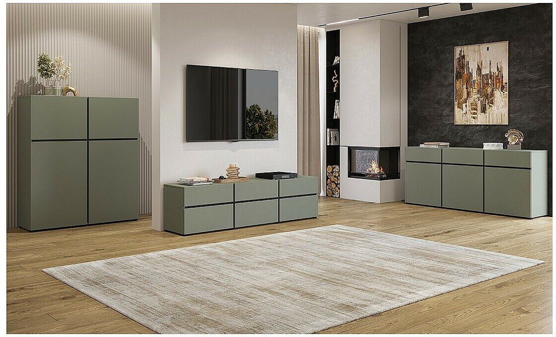 Meublorama Complete woonkamerset HAVANA – Saliegroen en zwart – Tv-meubel, buffet en hoge buffetkast – Modern design