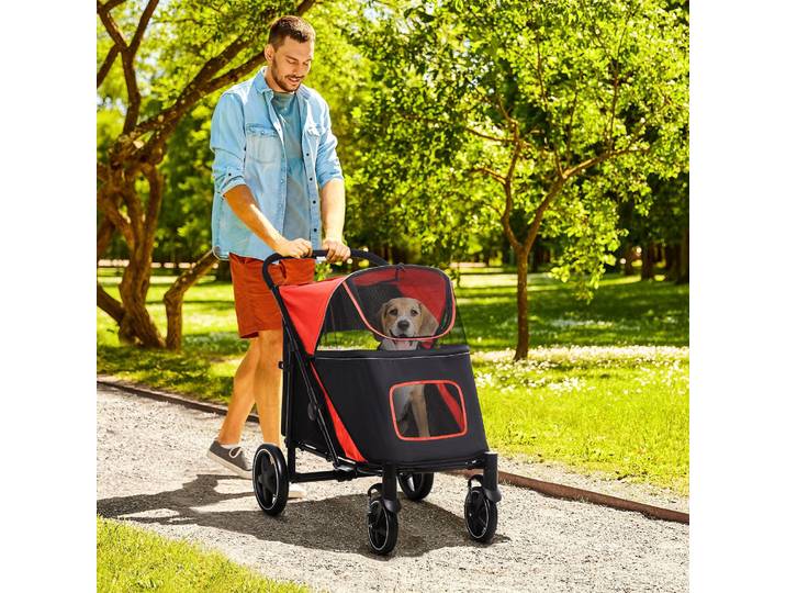 PawHut Chariot pour chiens pliable, système à un clic, pliable, 2 sangles de sécurité, Rouge