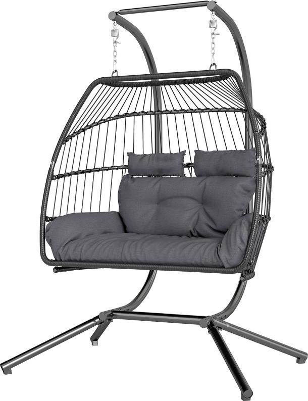 Moonbite Hängesessel mit Gestell für 2 Personen, Kunst-Rattan Seilgeflecht, 10-cm-Kissen, klappbar, 260 kg belastbar, Balkon Garten, Rattan, Dunkelgrau