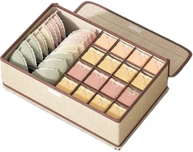 INF Aufbewahrungsbox für Unterwäsche mit Deckel - 17 Fächer Leinenstoff Beige