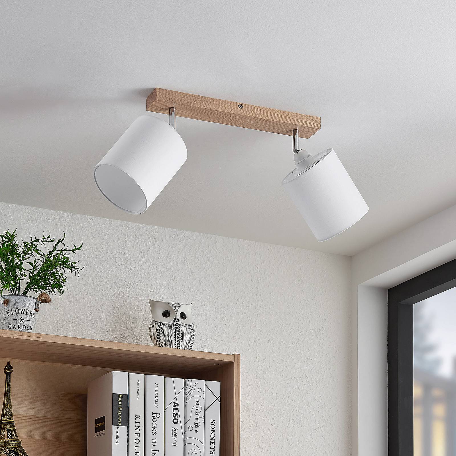 Lindby Imarin ceiling spotlight, 2-bulb, oak/white Lindby, dimmable, Light wood, Living / Dining Room, Wood, Scandinavian, Ceiling Light