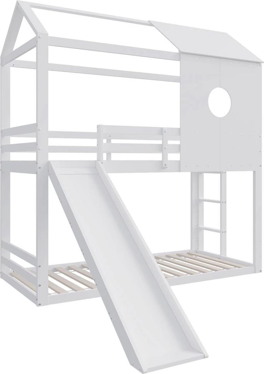 Bolt Edge Luxus-Kinder-Etagenbett 90×200cm - Mit Dach, Rutsche & Ecktreppe - Massivholz - Mit Rundum-Fallschutz & Fenster - Weiß - Hochbett / Stapelbett für Kinder