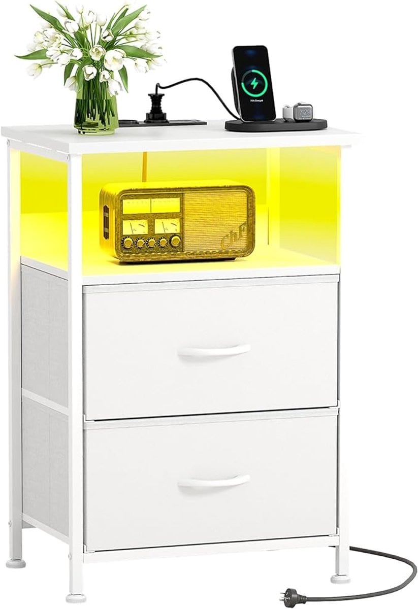 Thuys Set van 2 Nachtkastjes met LED-verlichting en Oplaadfunctie – Wit