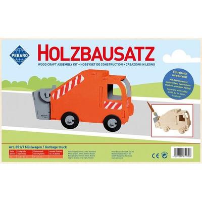 PEBARO 851/7 - Holzbausatz Müllwagen, 21 Teile, Holzkonstruktion zum Zusammenstecken
