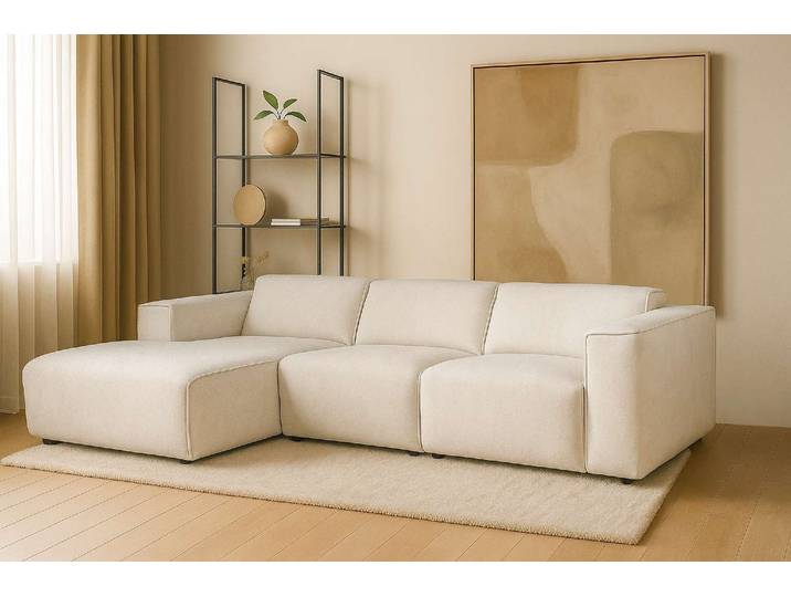 Ecksofa, Beige, 281x161 cm, Webstoff, L-Form & Kedernaht, Skandinavisch, andas