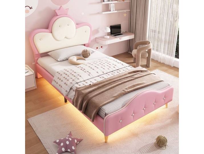 Lit enfant - Rose - 90x200 cm - Rembourré - LED - Sommier à lattes