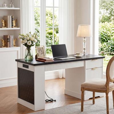 "55"" Modern Fluted Office Desk with Storage Cabinet & Drawers"