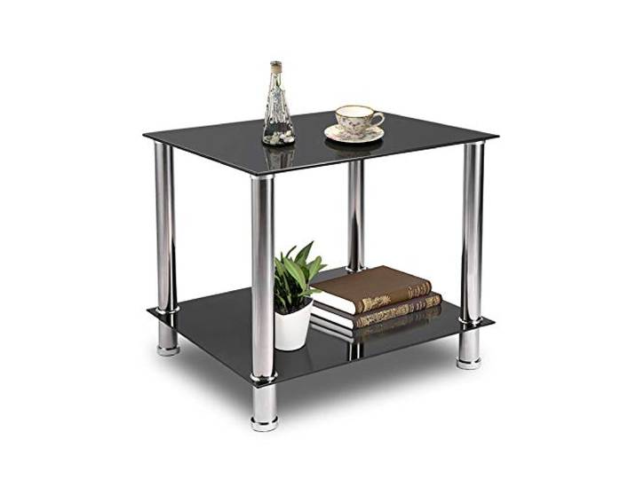 Greensen Couchtisch Gehärtetes Glas Wohnzimmertisch Beistelltisch Industrie Design Sofatisch 2 Etagen Glastisch mit Chrom Beine Kaffeetisch Metall Konsolentisch für Wohnzimmer Balkon Flur