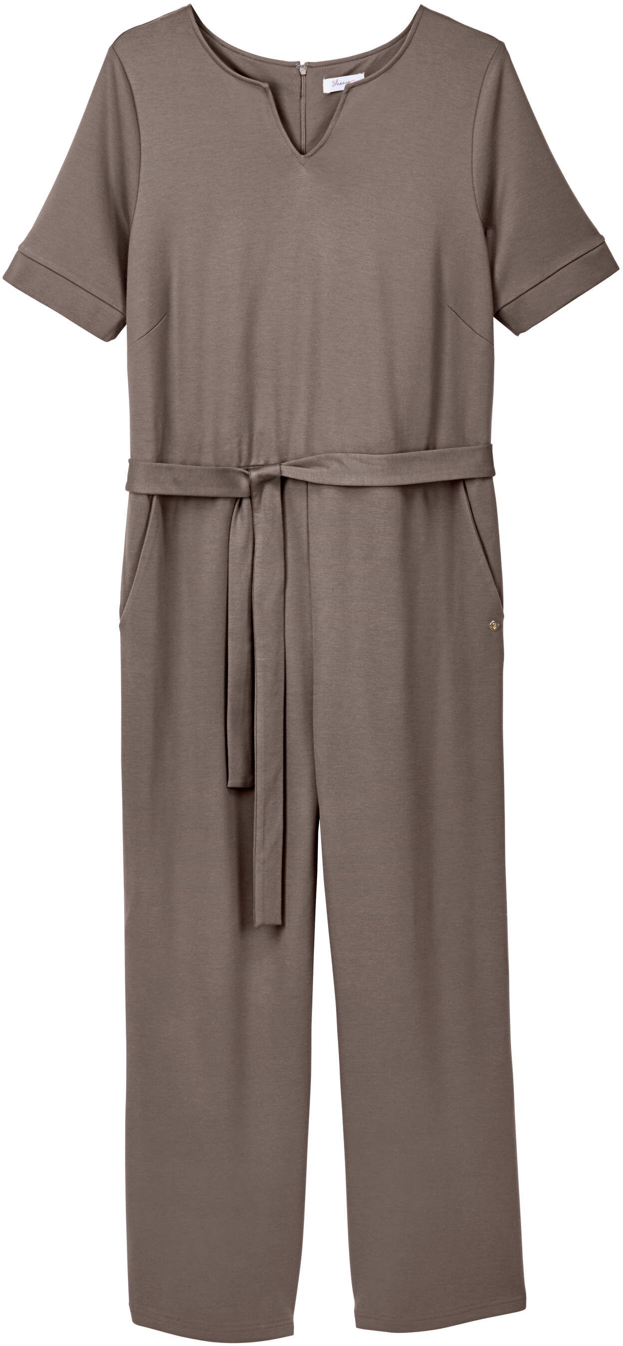 Jumpsuit SHEEGO "Jumpsuit Jumpsuit mit Bindegürtel", Damen, Gr. 50, dunkeltaupe, Interlock, , Modisch, Rundhals, Overalls Jumpsuit
