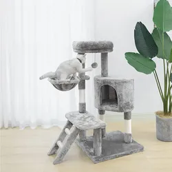 NYVI Katzen Kratzbaum Figaro 102 cm Grau - Deluxe Katzenbaum mit Katzenhöhle, Hängematte, Plattform, Katzenspielzeug und Sisal Kratzsäule