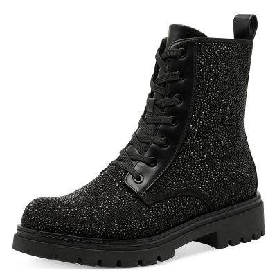 Schnürstiefelette MARCO TOZZI, Damen, Gr. 37, Textil, schwarz, Synthetik, Textil, Glitzer, Schuhe Schnürstiefelette, Blockabsatz, Schnürboots mit glänzenden Strasssteinen besetzt
