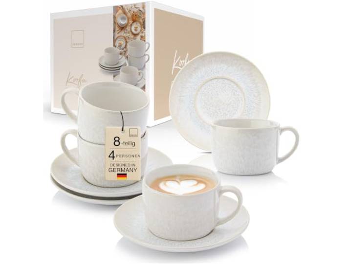 SÄNGER Kaffeetassen Set Korfu, 8-tlg. Steingut Kaffeeservice für 4 Personen